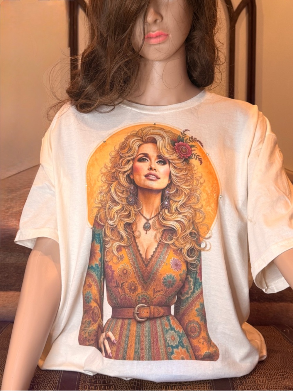 White GraphicBlinged Short-Sleeve Tee with Retro Floral Dolly Portrait - Picture 4 of 5